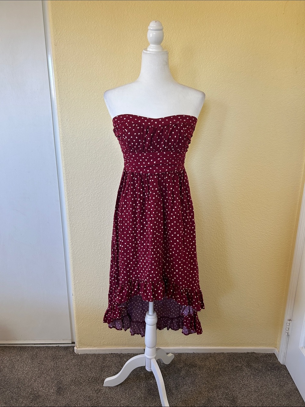 Mimi Chica Burgundy Polka Dot Strapless Midi Dress